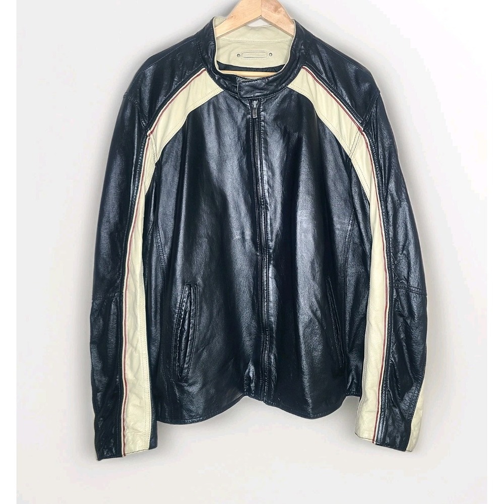 Wilsons Leather‎ Black White Red Trim Motorcycle Cafe Racer Moto Biker Jacket XL